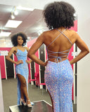 LTP1313,Sexy light blue sequined long prom evening dresses with slit