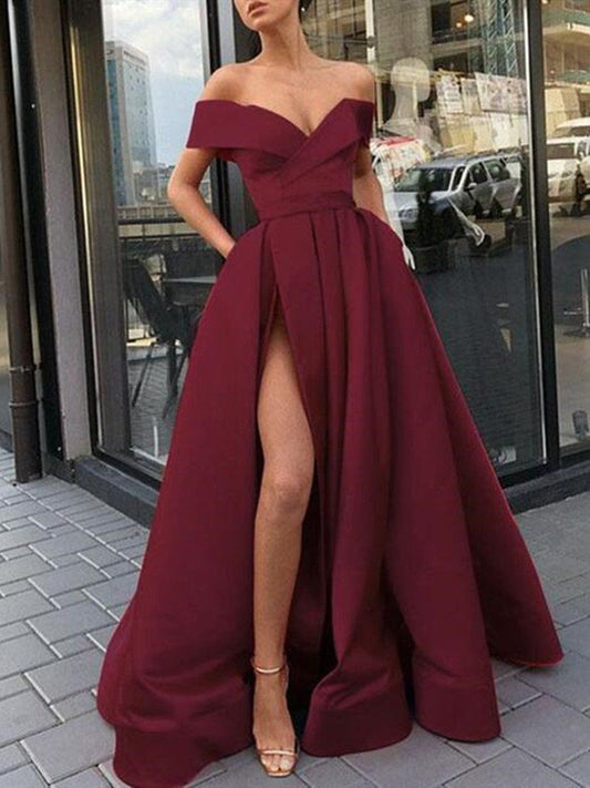 LTP0099,Discount Custom Made High Slit Off Shoulder Burgundy Prom Dress