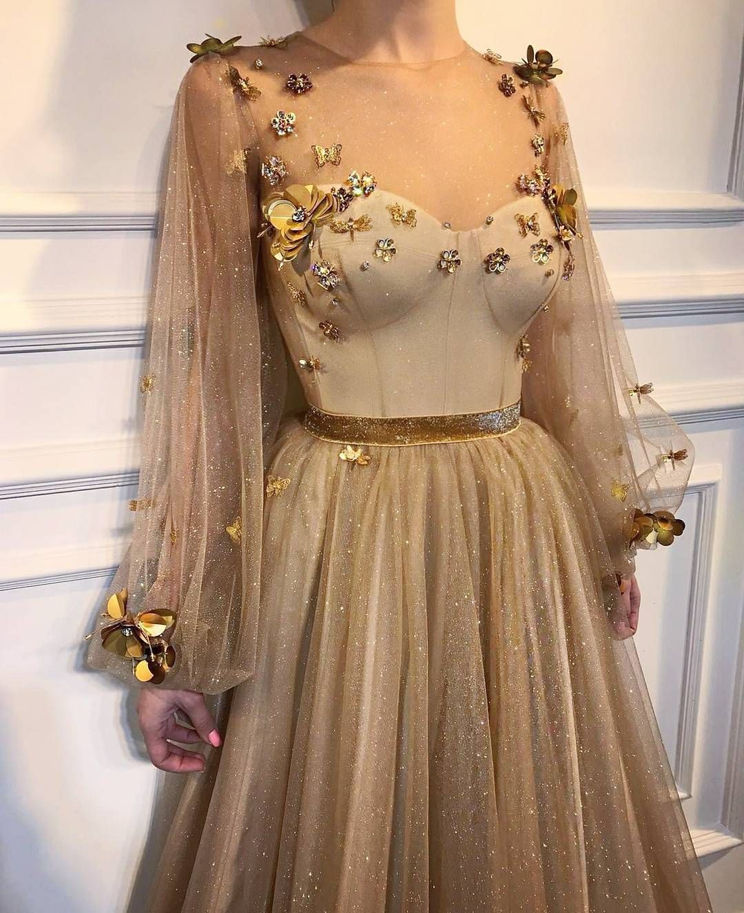 LTP0420,Gold prom dresses long sleeves a line evening dress gold applique party dress