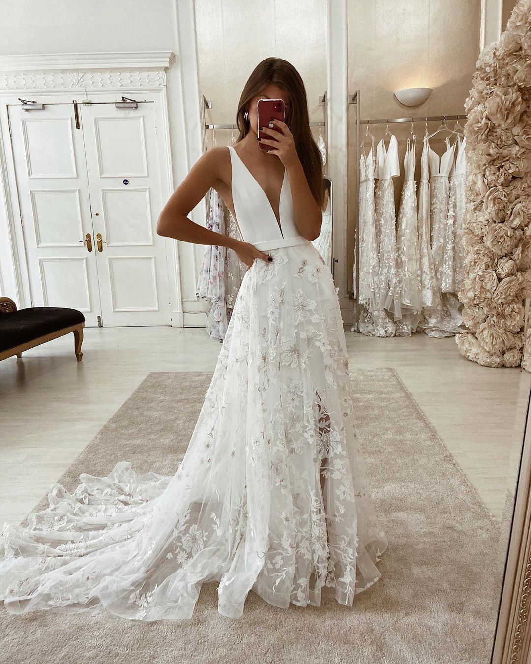 LTP0801,Gorgeous A-Line V Neck Satin Lace Wedding Dresses with Split Long Wedding Gown