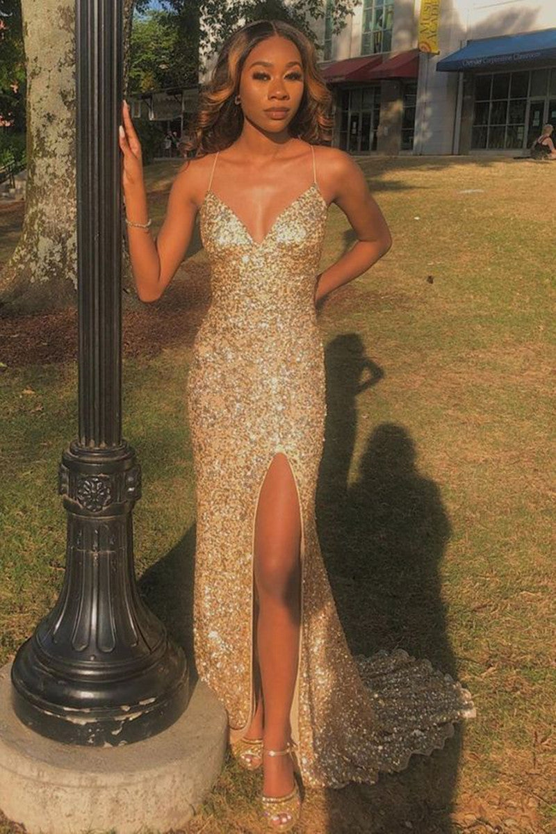 LTP0942,Gold sequin spaghetti straps prom evening dresses