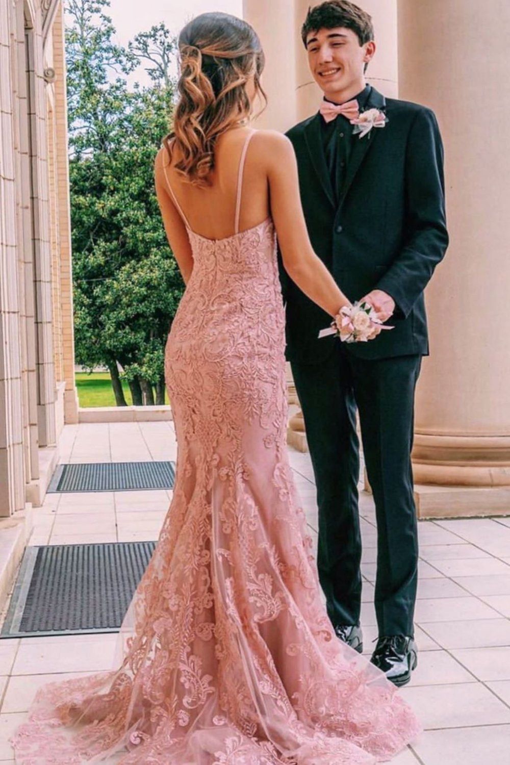 LTP0048,Chic pink lace prom dress mermaid zipper back evening gown