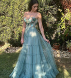 LTP1190,Sweetheart A-Line Tulle Prom Dresses,Spaghetti Straps Embroidery Evening Gown