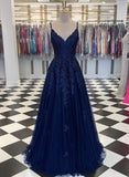 LTP0235,Navy Blue Lace Prom Dress A-Line Tulle Ball Gown Evening Dresses