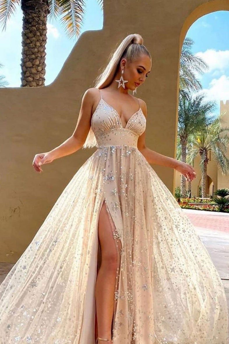 LTP0926,Champagne spaghetti straps a-line prom dresses v-neck starry evening formal gown side slit prom dress
