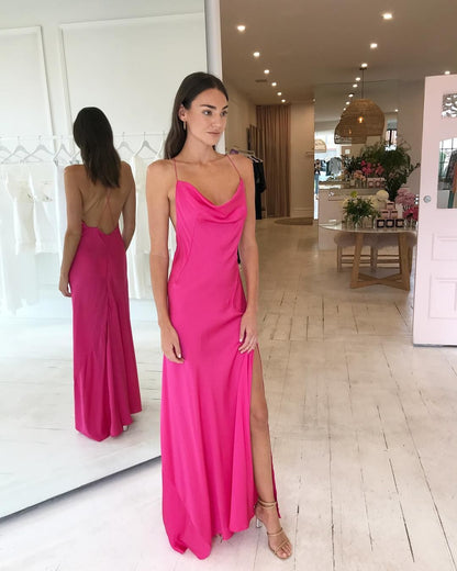 LTP0171, Discount Hot pink silk satin prom dress open back long evening dresses