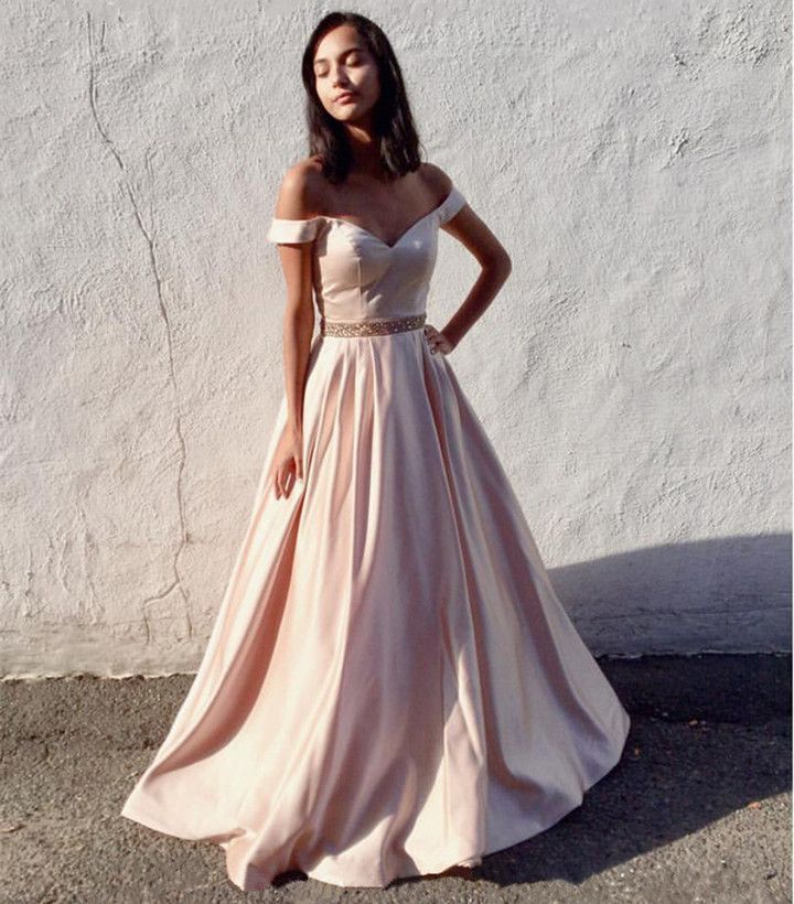 LTP0405,Elegant Off The Shoulder Prom Dresses A-Line Beaded Evening Dress Light Pink Formal Gown
