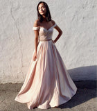 LTP0405,Elegant Off The Shoulder Prom Dresses A-Line Beaded Evening Dress Light Pink Formal Gown