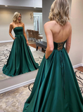 LTP0137,2022 A Line Satin Strapless Hunter Long Prom Dresses Lace Up With Pockets