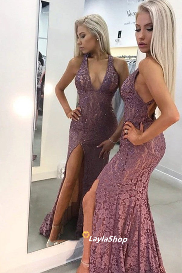 LTP0112,Sexy Bodycon Lace V neck Mermaid Prom Dress with Side Slit,Prom Dress for Black Girls