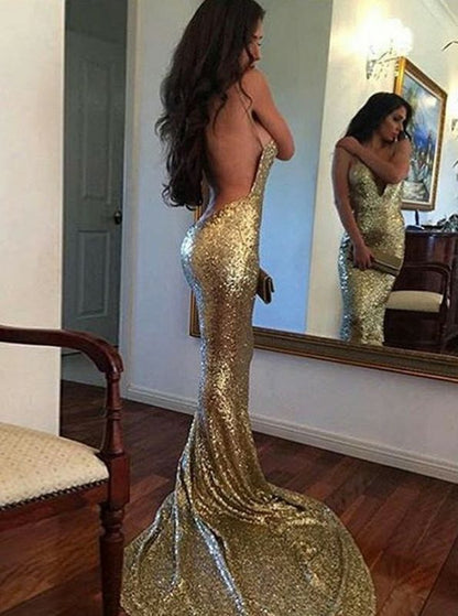 LTP0172,Sequin Mermaid Long Gold Sexy Deep V-Neck Spaghetti Strap Backless Sparkly Prom Dresses