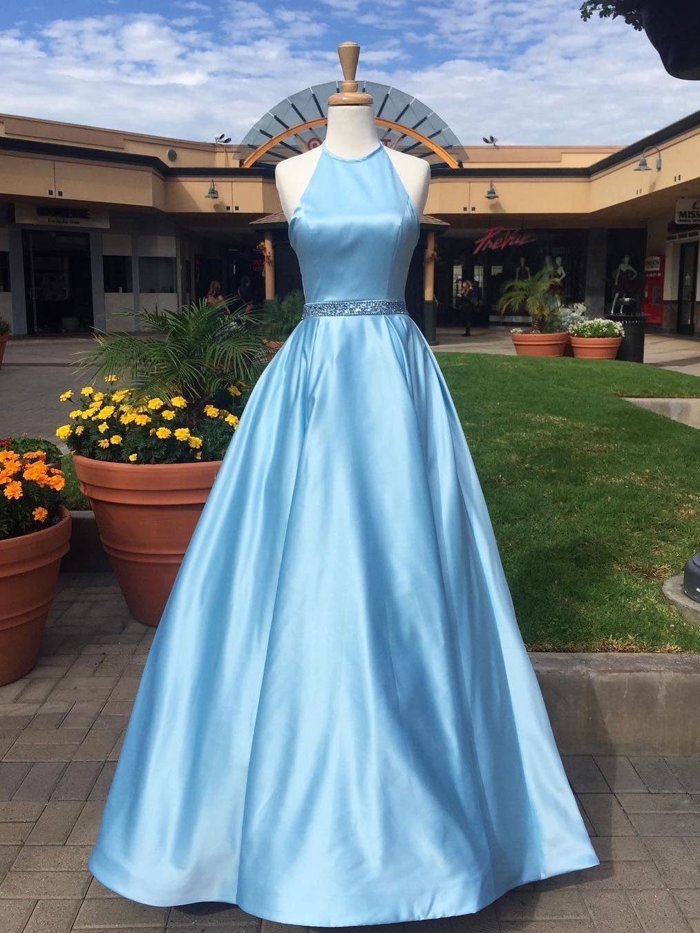 LTP0697,Blue ball gown a-line halter prom dresses beaded belt long prom dress