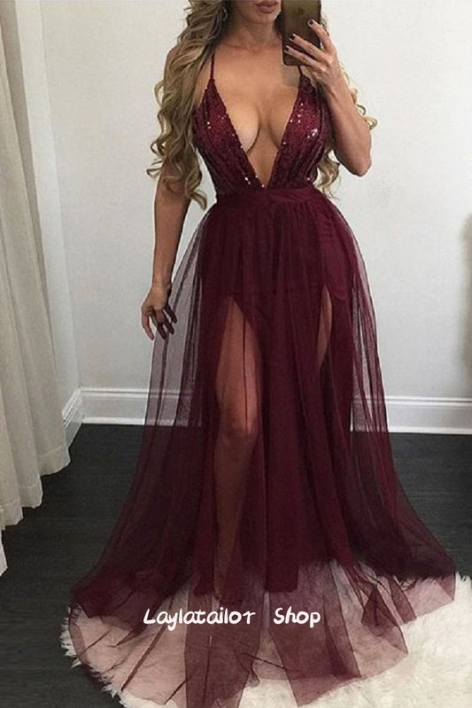 LTP1575,Burgundy Tulle V-Neck Long Prom Evening Dresses