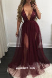 LTP1575,Burgundy Tulle V-Neck Long Prom Evening Dresses