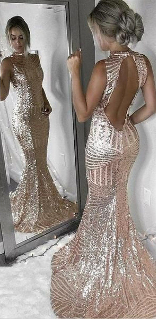 LTP0744,Rose gold mermaid prom dresses open back evening dress