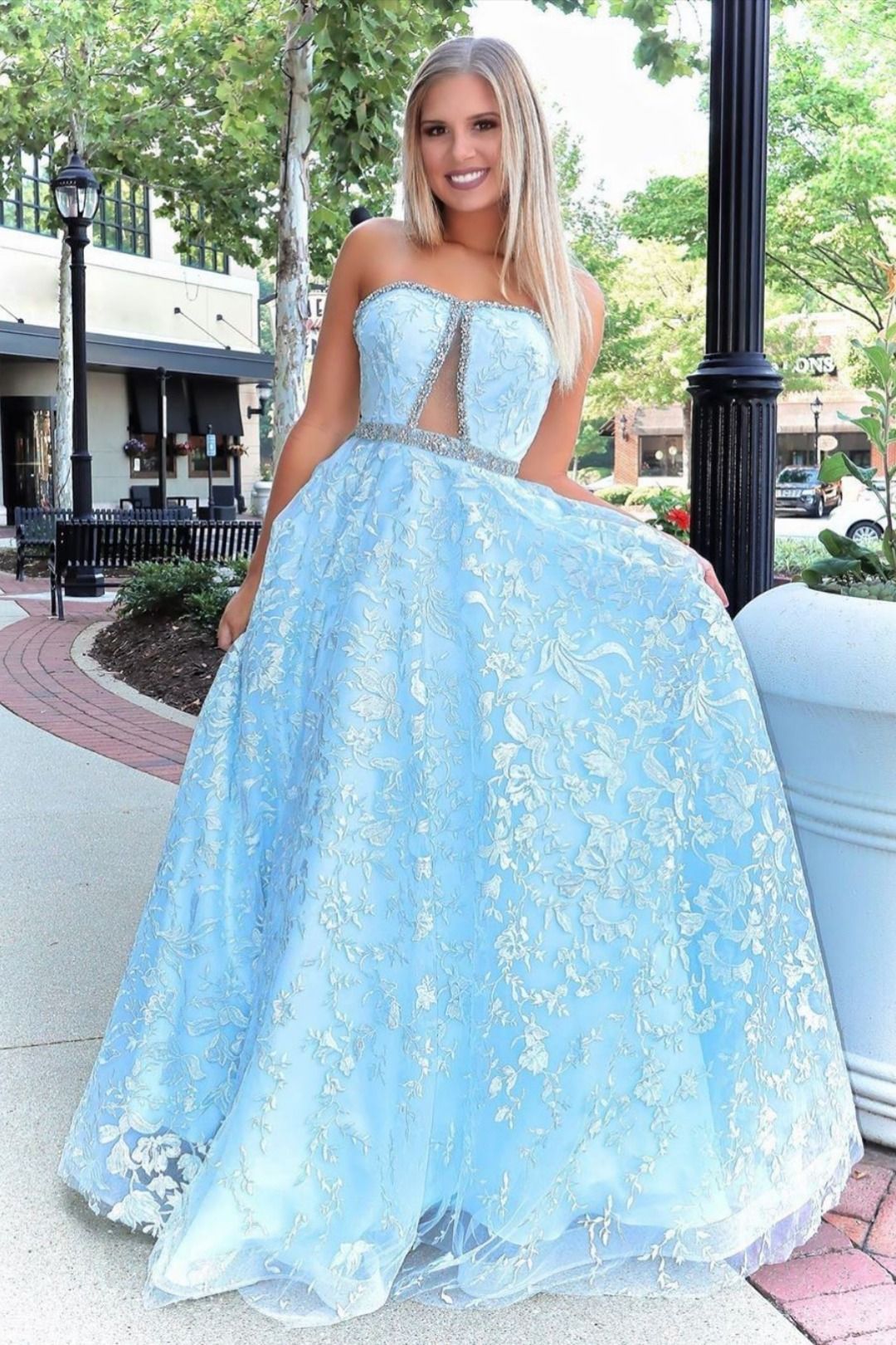 LTP0925,Stunning A-line Strapless Sky Blue Lace Beaded Long Prom Dresses Evening Dress