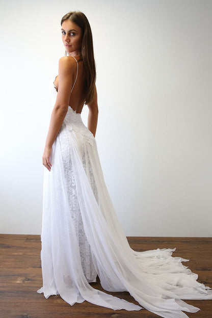 LTP1170,Elegant White Lace Chiffon Wedding Dresses,Spaghetti Straps Beach Wedding Gown,Custom Made Bridal Dresses