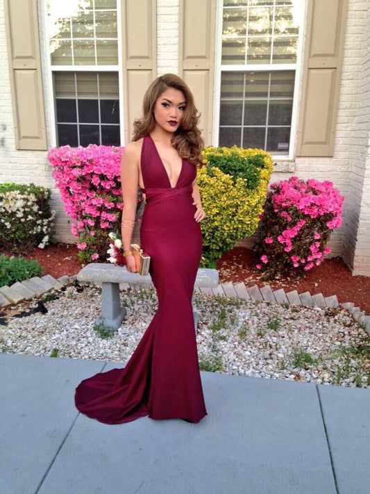 LTP0325,Sexy maroon deep v-neck prom dresses sleeveless mermaid long prom dress