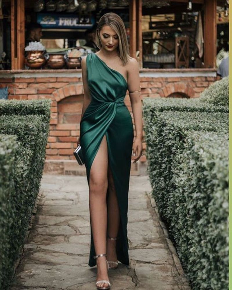 LTP0618,Green Sexy Prom Dresses One Shoulder Long Evening Formal Gown With High Split
