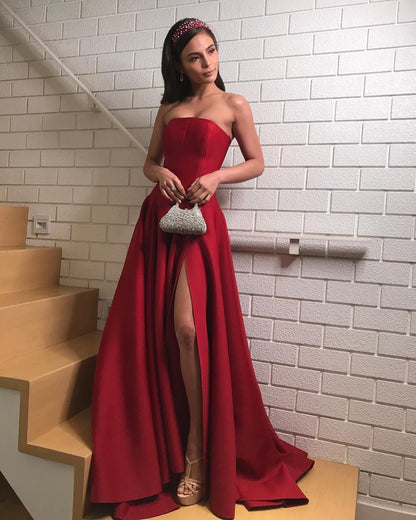 LTP0303,Red Strapless Long Prom Dresses A-Line Evening Dresses With Side Slit