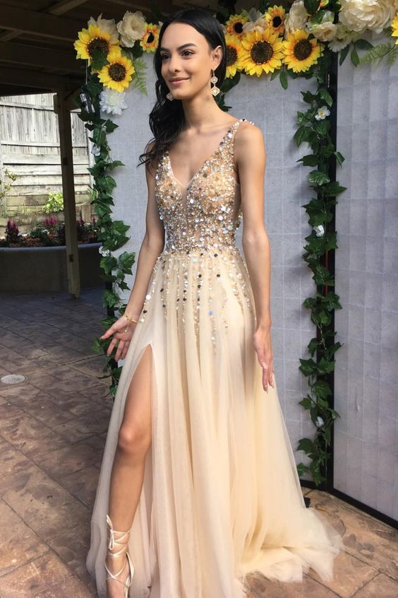 LTP1516,Sexy V neck Tulle Slit A Line Prom Dress, Beading Homecoming Dress