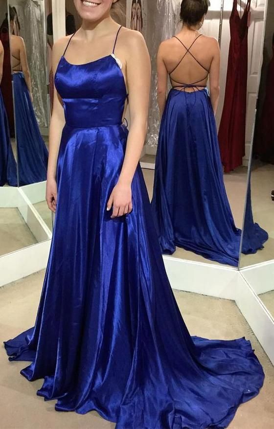 LTP0277,Cheap royal blue satin prom dress cross back long prom dresses with split