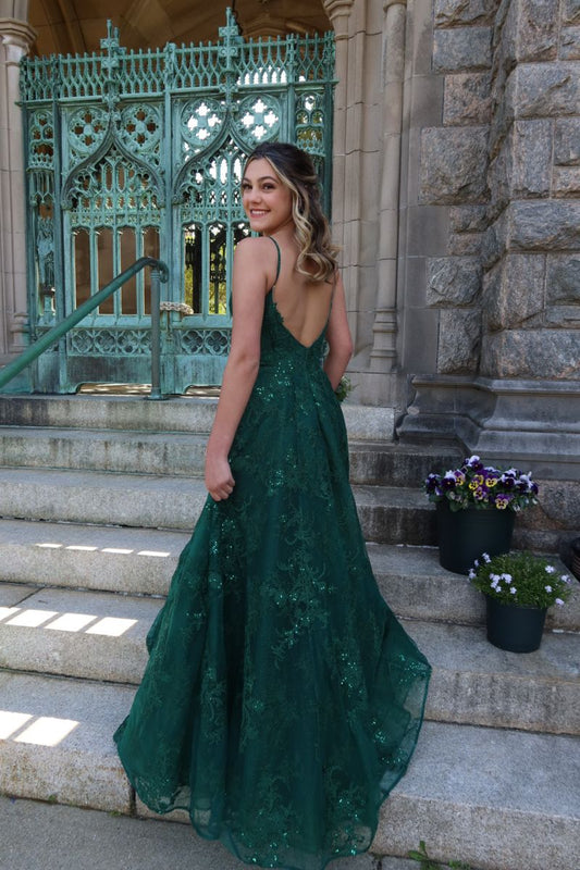 LTP1642,Emerald Green Prom Dresses,Lace Beaded Evening Dress,Open Back Party Gown