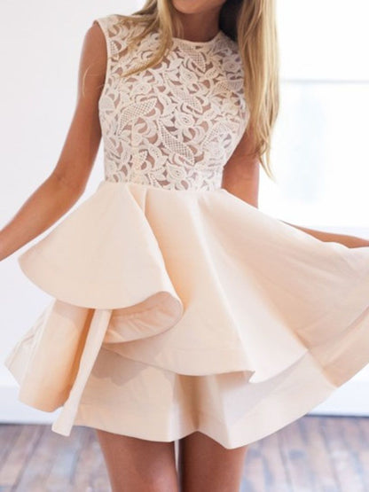 LTP0643,2022 A-Line Jewel Neck Sleeveless Layers Lace Cut Short/Mini Homecoming Dresses