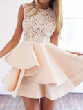 LTP0643,2022 A-Line Jewel Neck Sleeveless Layers Lace Cut Short/Mini Homecoming Dresses