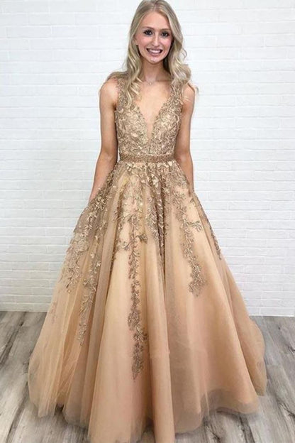 LTP0566,Deep V Neck Sleeveless Lace A Line Tulle Prom Dress
