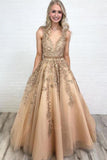 LTP0566,Deep V Neck Sleeveless Lace A Line Tulle Prom Dress