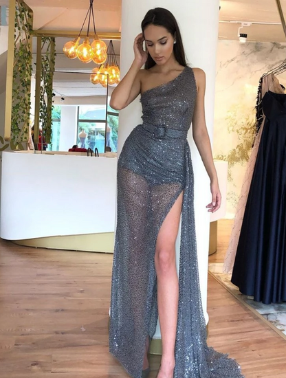 LTP0162,Grey Sequin Mermaid One Shoulder Long Prom Dress Gray Prom Dress Evening Dress Split Night Gown