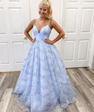LTP1033,Charming Tulle V neck Blue Starry Sequin Prom Dress, Long A-Line Evening Dress