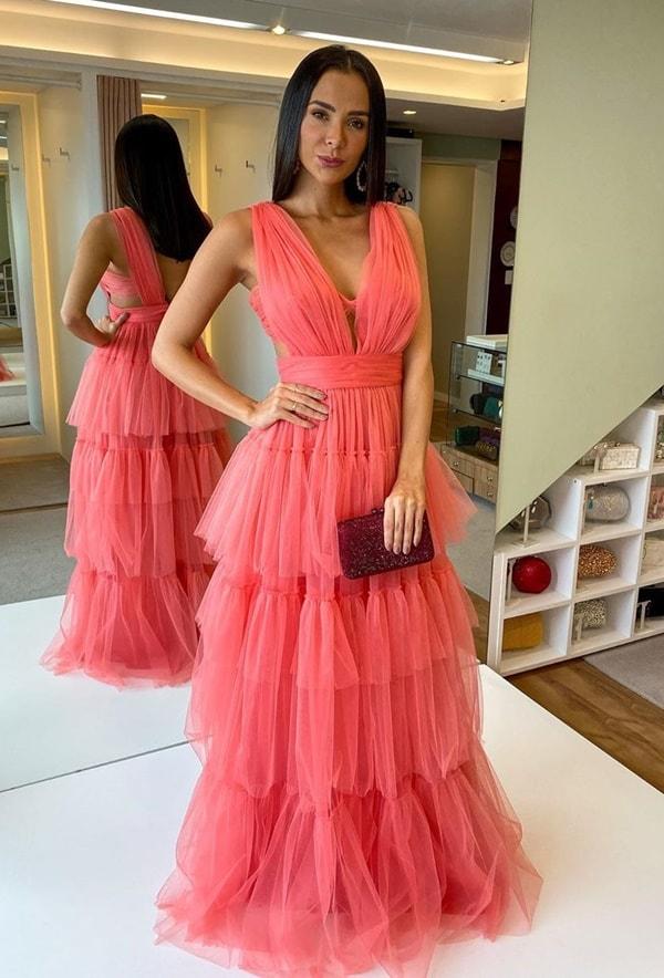 LTP0590,Sexy Prom Dress Tulle Prom Dresses Coral Pink Long Prom Dress Evening Dresses