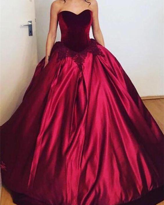 LTP0941,Burgundy Velvet Sweetheart Satin Ball Gown Prom Dresses