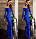 LTP0615,Royal blue lace mermaid prom dress,off the shoulder lace prom dress