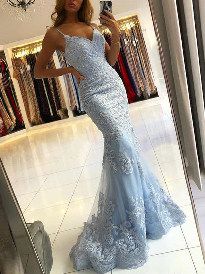LTP0034,Chic Mermaid Spaghetti Straps Lace Long Prom Dresses Sky Blue Evening Dress