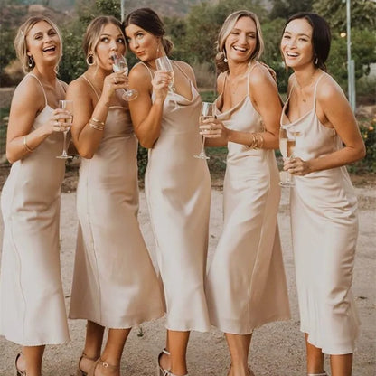 LTP1086,Light champagne silk satin bridesmaid dresses soft midi dress wedding party dresses