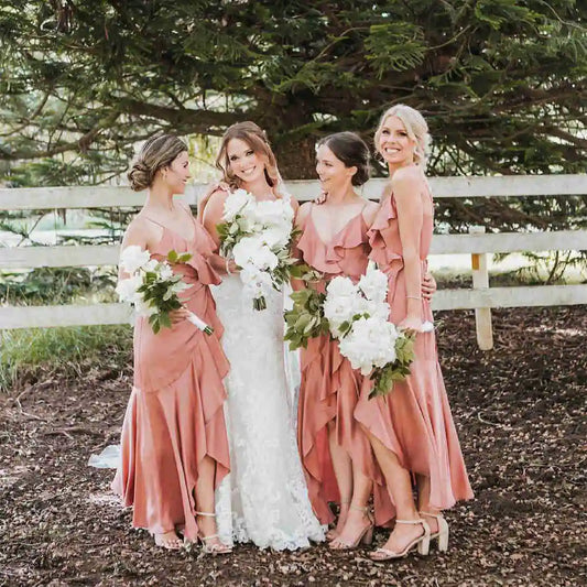 LTP1090,Elegant Peach Pink Bridesmaid Dress with Ruffles