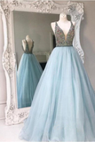 LTP0650,Classy V-neck Long Prom Dresses,Light Blue Prom Dress,Nice Graduation Dresses,Quinceanera Dresses,Backless Party Dresses