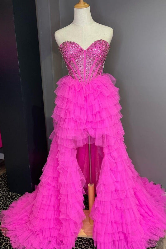 LTP1614,Princess Hot Pink Beaded Sweetheart Tulle Prom Dresses With Ruffles Skirt