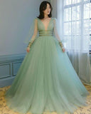 LTP1518,Mint Green Long Prom Dresses,V-Neck Tulle Evening Formal Dress