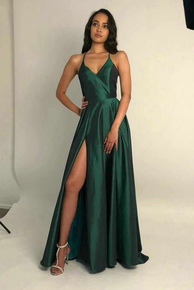 LTP0591,Green spaghetti straps long prom dress satin evening formal dresses side slit party dress