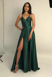 LTP0591,Green spaghetti straps long prom dress satin evening formal dresses side slit party dress