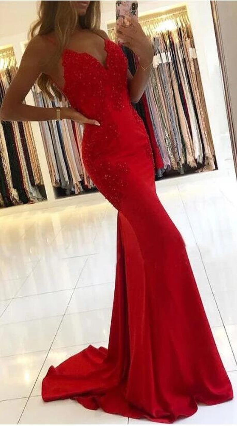 LTP0247,Sexy Red Prom Dresses Mermaid Applique Evening Party Gown Backless Prom Dress Long
