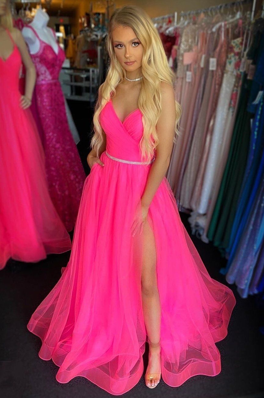 LTP0435,Chic pink tulle prom dresses v neck beaded evening ball gown with split