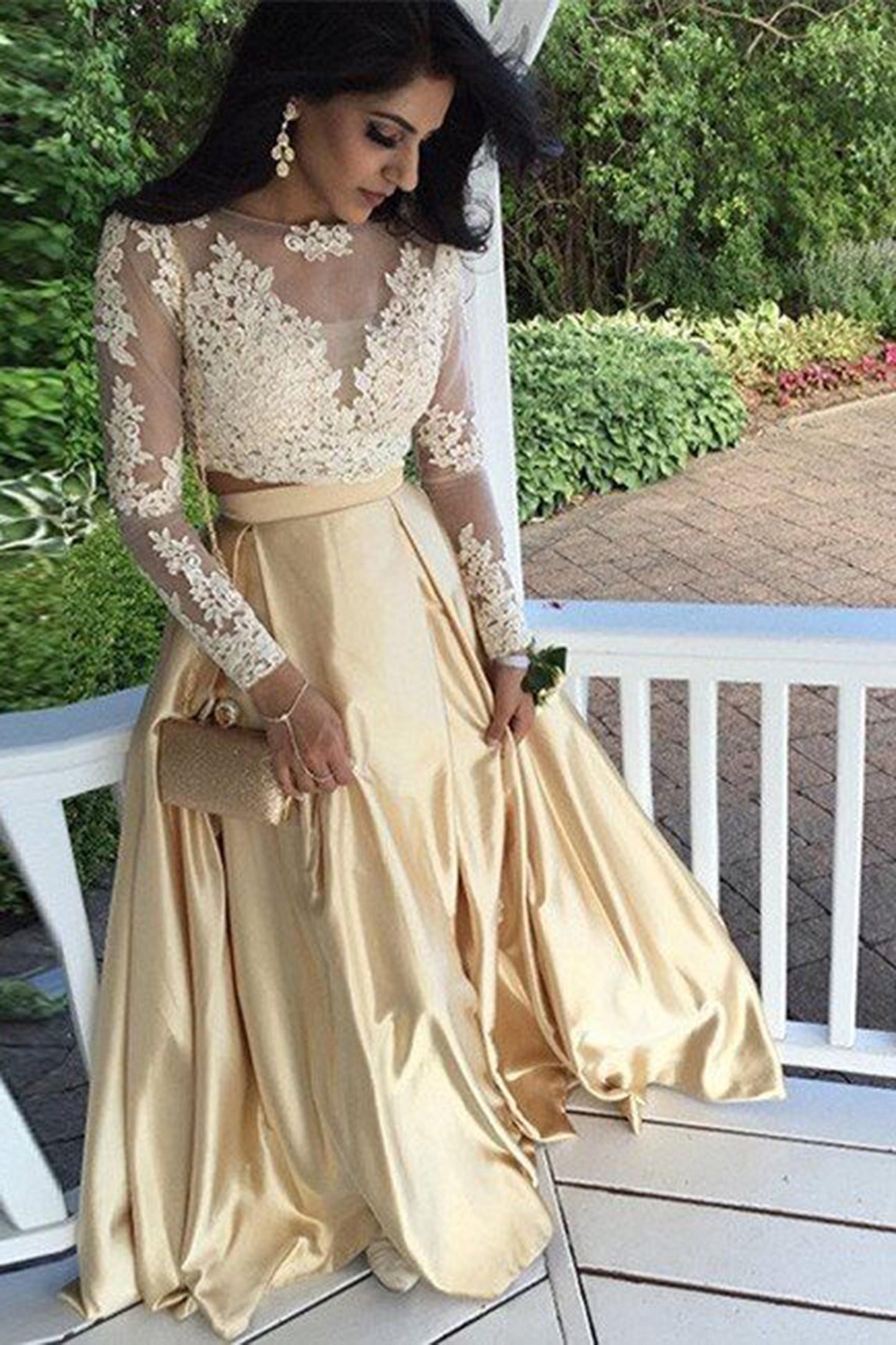 LTP1009,Charming gold two pieces long sleeves prom evening dresses