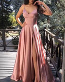 LTP0157,Charming pink satin prom dresses spaghetti straps v-neck long evening dresses with side slit