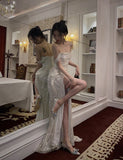 LTP1252,Glitter Off The Shoulder Sequined Pleated High Split Long Prom Evening Dresses