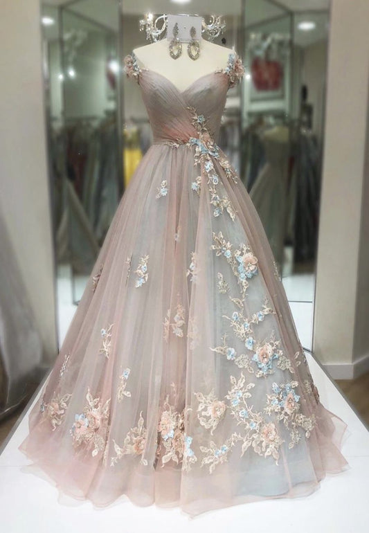 LTP1015,Off the shoulder tulle pleated applique floral beaded long prom evening dresses a-line formal party dress